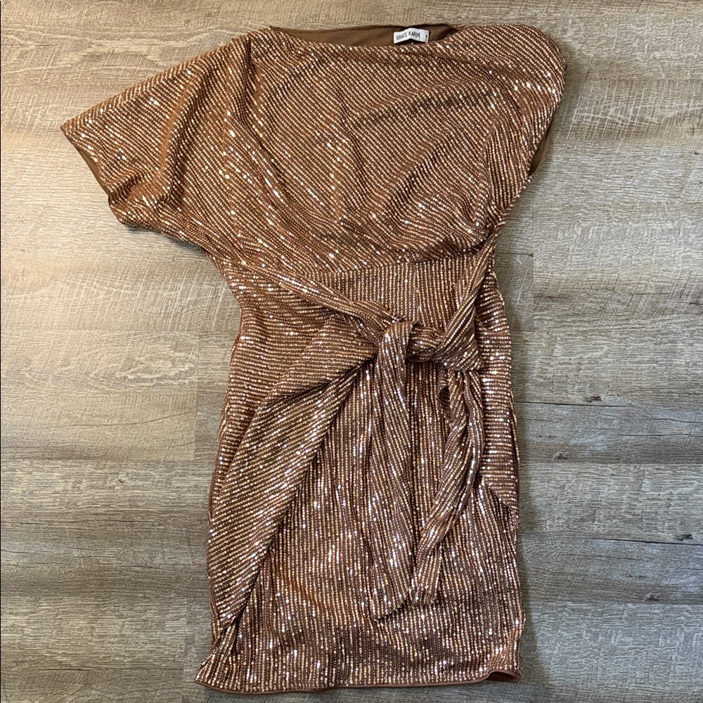 Grace Karin One Shoulder Sequin Dress - Bronze